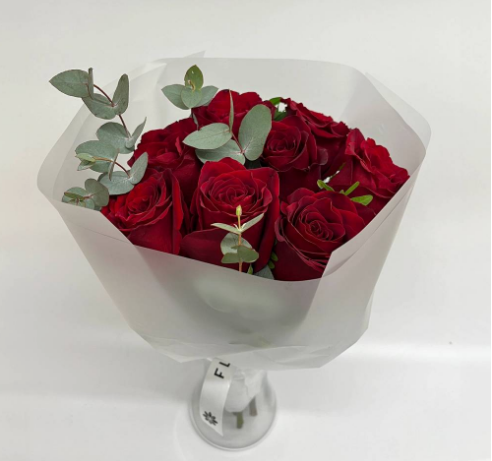 8 Red Roses with greenery