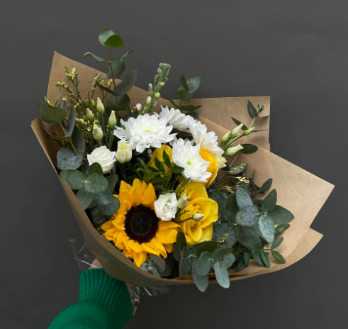 Vida (sunflower, spray roses, greenery, chrysanthemum)