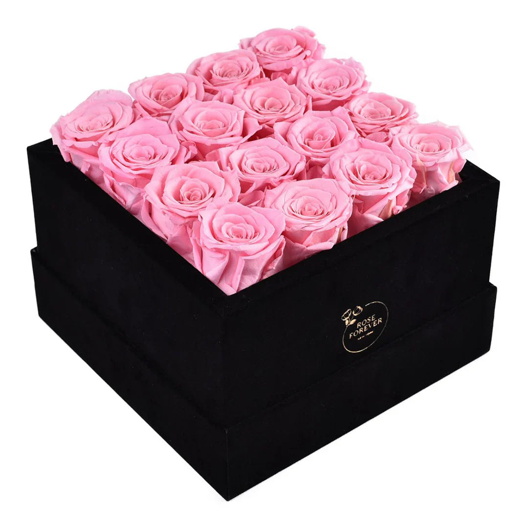 16 Pink Roses - Square Velvet Box