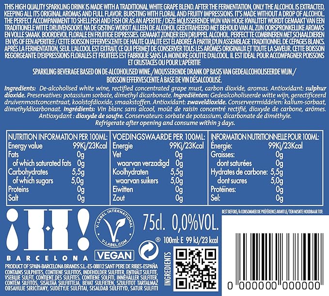 ¡HOLA! - ¡H! BARCELONA – Premium Sparkling White Wine, 0.0% Alcohol, Vegan, Gluten-Free, Perfect for Celebrations (750ml Bottle)