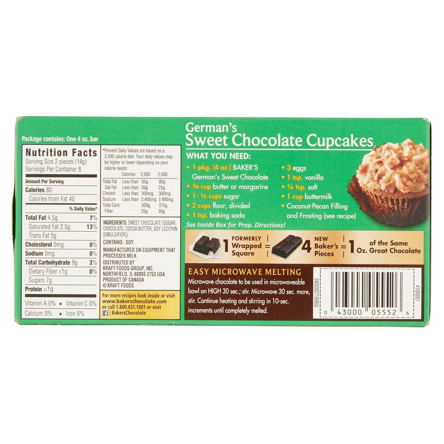 Lot of 2 Baker's 4 oz. Sweet Chocolate Bar-German's All Natural 48% Cacao