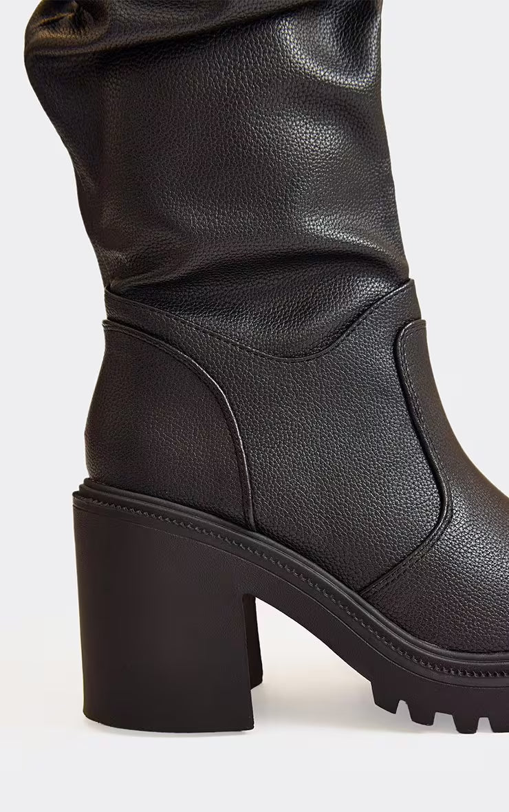 Stomp It Out Block Heel Knee High Slouched Detail Boot In Brown Faux Leather