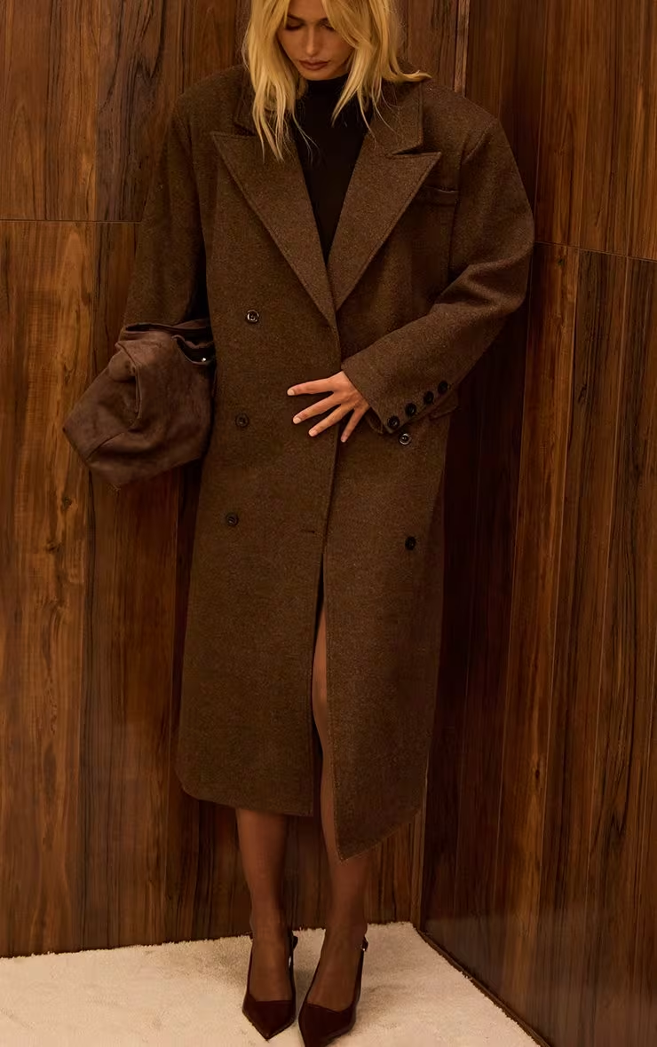 Oversized Textured Wool Look Maxi Coat In Chocolate Brown