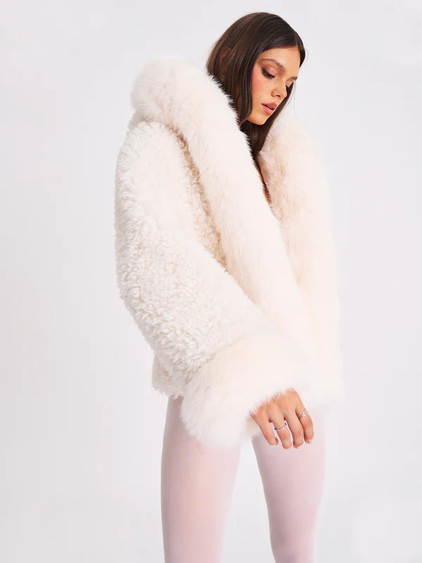 White Vegan Shearling Fur Trimmed Coat