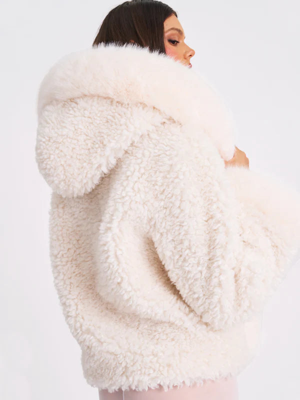 White Vegan Shearling Fur Trimmed Coat