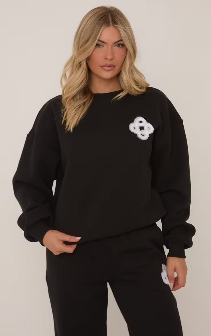 Long Sleeve Crew Neck Fluffy Swirl Detail Sweatshirt In Black