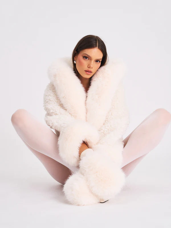 White Vegan Shearling Fur Trimmed Coat