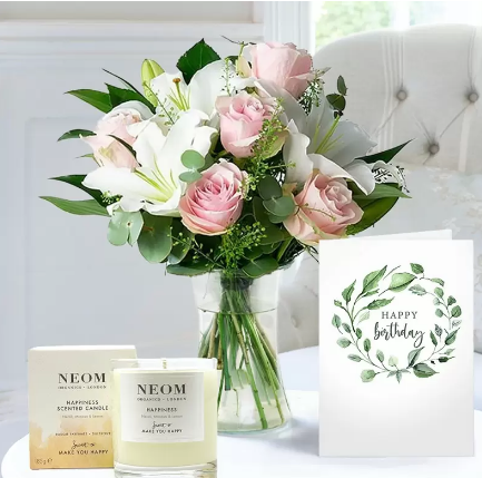 Simply Pink Rose & Lily, NEOM Happiness Candle (185g) & Happy Birthday Card
