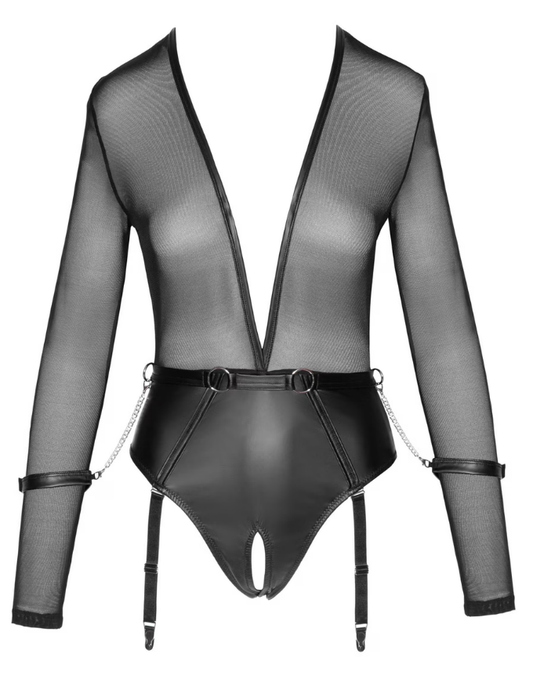 Cottelli Black Mesh & Wetlook Long Sleeve Crotchless Restraint Body