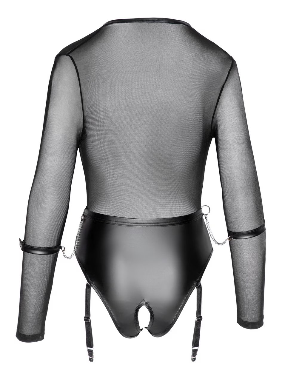 Cottelli Black Mesh & Wetlook Long Sleeve Crotchless Restraint Body