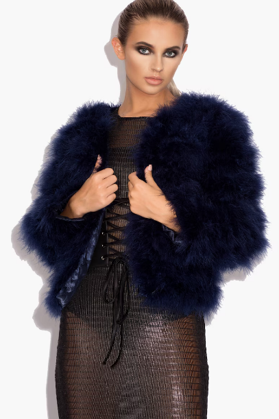 Navy Blue Fluffy Feather Jacket Marabou Winter Womens Clothing Outerwear Warm Coat Eveningwear