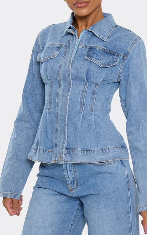 Long Sleeve Seam Detail Cinched Waist Jacket In Blue Wash Denim