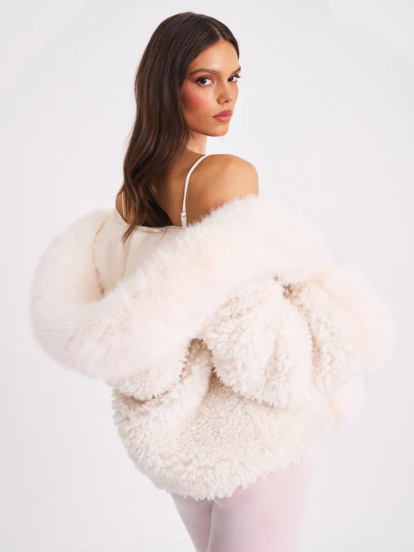 White Vegan Shearling Fur Trimmed Coat