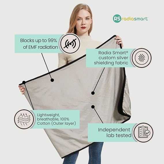 Radia Smart EMF Poncho Blanket, 5G, Wearable Faraday Blanket, RF Shielding, WiFi Blocker, EMF Clothing 28'' x 72'', Black/Grey