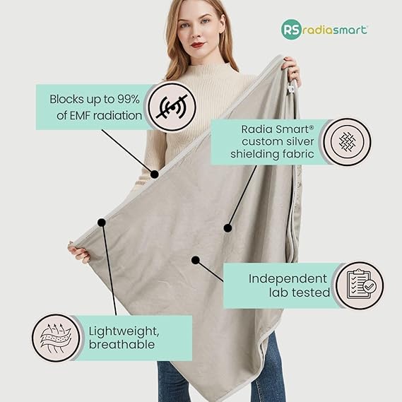 Radia Smart EMF Poncho Blanket, 5G, Wearable Faraday Blanket, RF Shielding, WiFi Blocker, EMF Clothing 28'' x 72'', Black/Grey