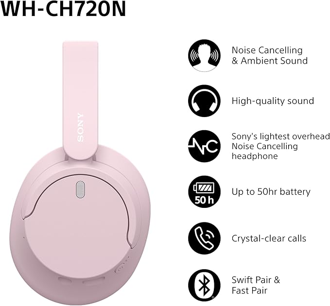 Sony WH-CH720N Wireless Bluetooth Noise Cancelling Over-Ear Headphones, Sound, Ambient Sound Mode, Lightweight Design, up to 50 hr battery life, iOS & Android - Pink