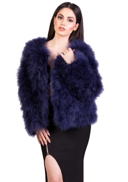 Navy Blue Fluffy Feather Jacket Marabou Winter Womens Clothing Outerwear Warm Coat Eveningwear