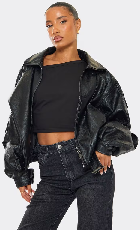 Long Sleeve Belted Biker Jacket In Black Faux Leather