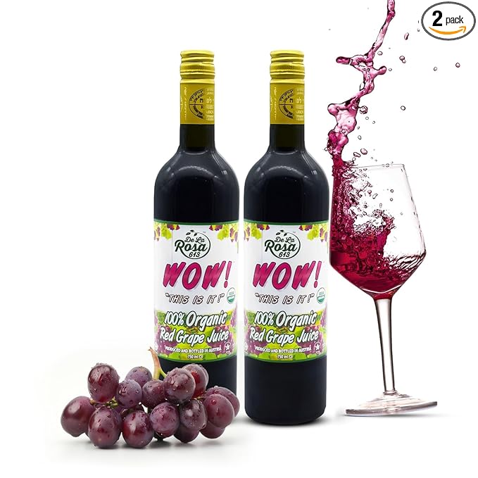 De La Rosa Austrian Red Grape Juice, Kosher, Non-GMO & Gluten Free, 100% Organic Red Grape Juice, No Sugar Added, No Preservative, No Water Added, 25.4 Oz Glass Bottle (Pack of 2)