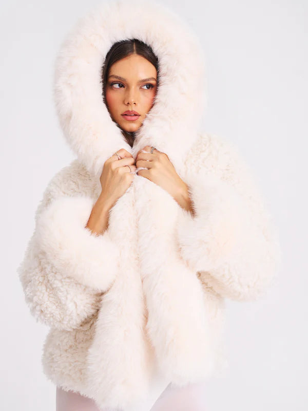 White Vegan Shearling Fur Trimmed Coat