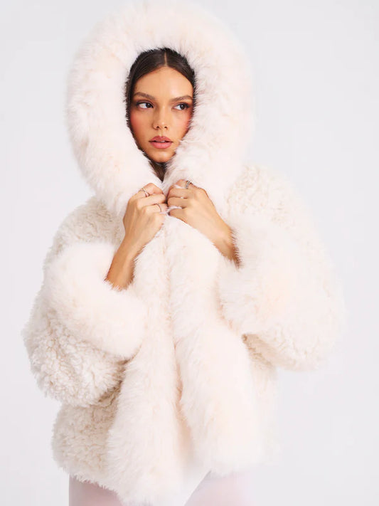 White Vegan Shearling Fur Trimmed Coat