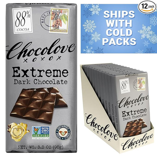 Chocolove Extreme Dark Chocolate Bars | 88% Cocoa | Rich and Intense Flavor | Made with Premium Belgium Dark Chocolate | Non-GMO & Gluten-Free, 3.2 oz Bar (12 Pack)