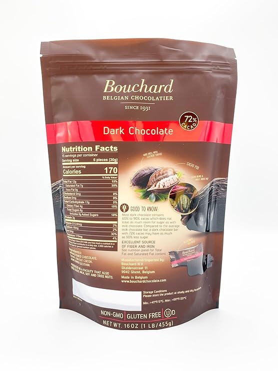 Bouchard Premium Belgian Dark Chocolate with 72% Cacao | Individually Wrapped Pieces (1 LB)