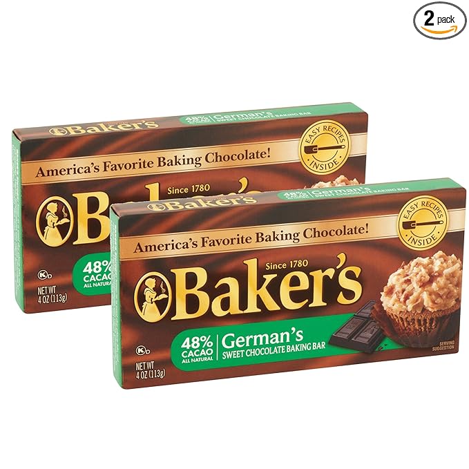 Lot of 2 Baker's 4 oz. Sweet Chocolate Bar-German's All Natural 48% Cacao
