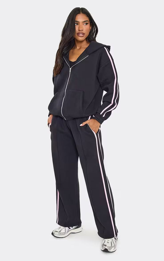 Oversized Mid Rise Contrast Stripe Straight Leg Joggers In Dark Navy