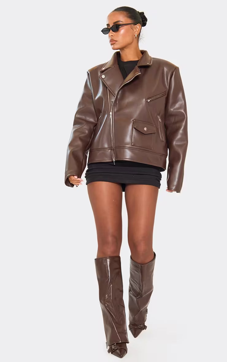 Collared Structured Biker Jacket In Chocolate Brown Faux Leather