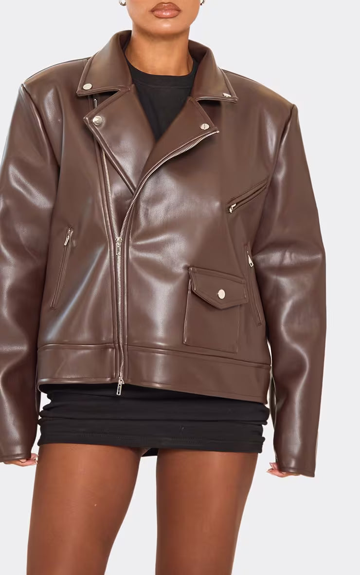 Collared Structured Biker Jacket In Chocolate Brown Faux Leather