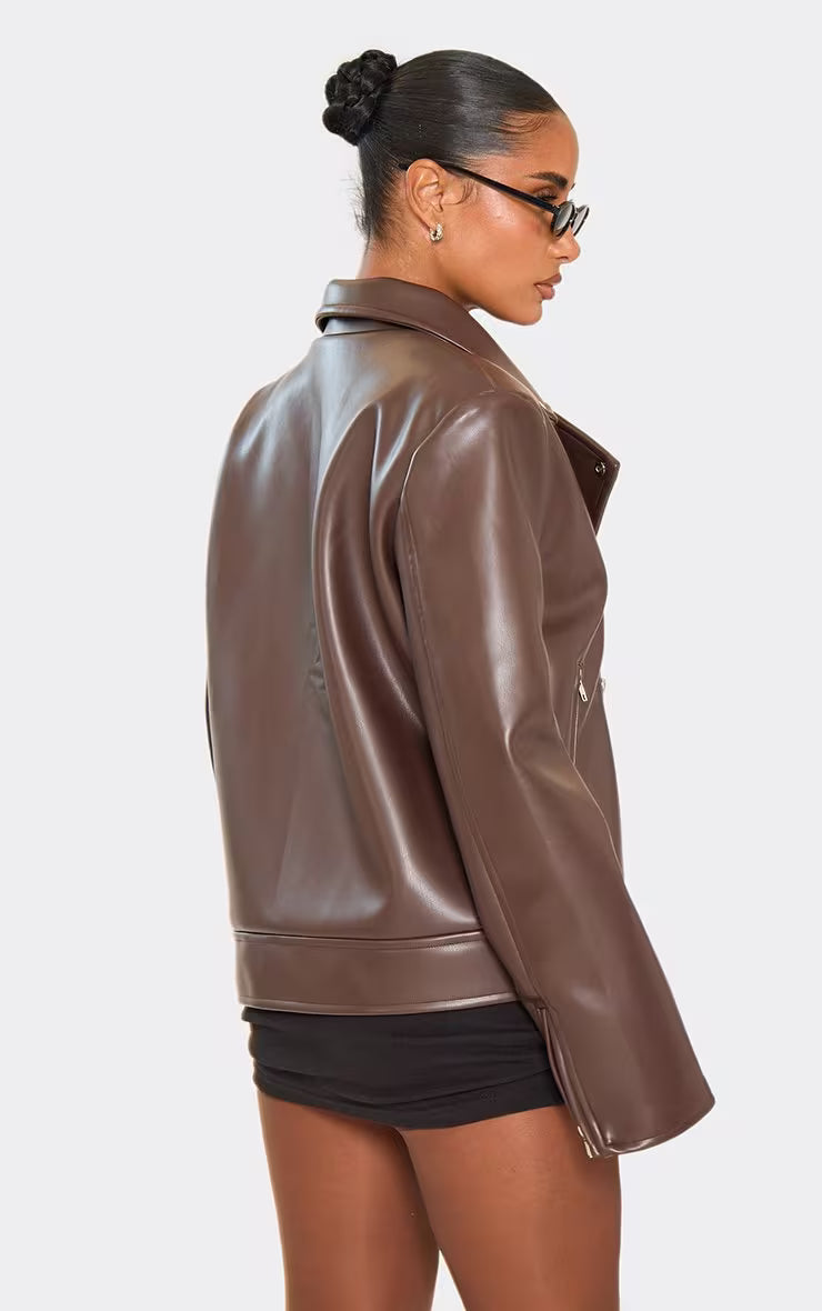 Collared Structured Biker Jacket In Chocolate Brown Faux Leather