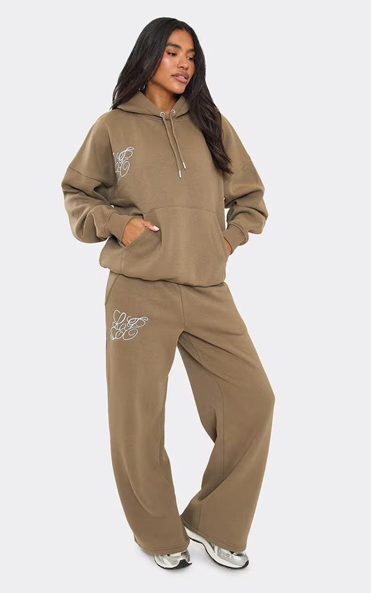 Mid Rise Graphic Detail Wide Leg Joggers In Olive Green