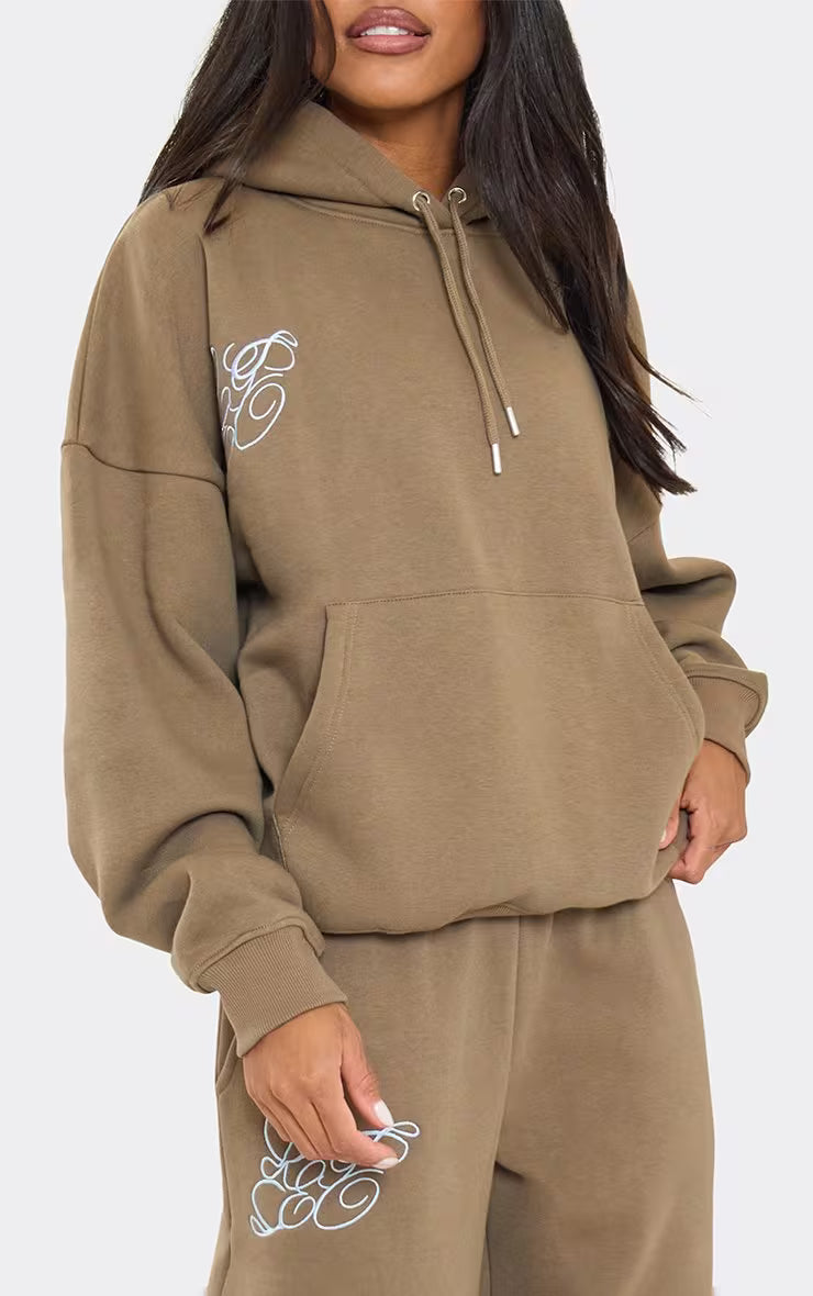 Mid Rise Graphic Detail Wide Leg Joggers In Olive Green