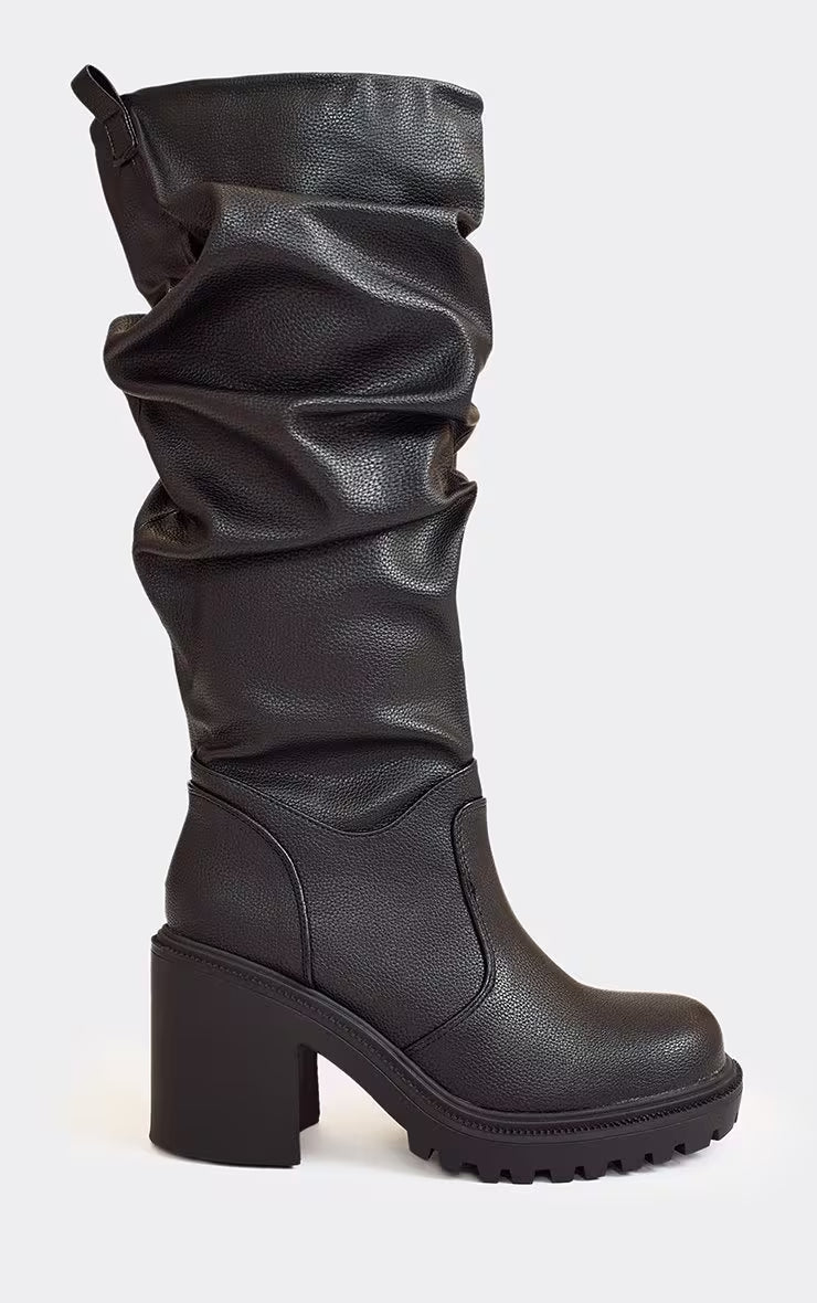Stomp It Out Block Heel Knee High Slouched Detail Boot In Brown Faux Leather