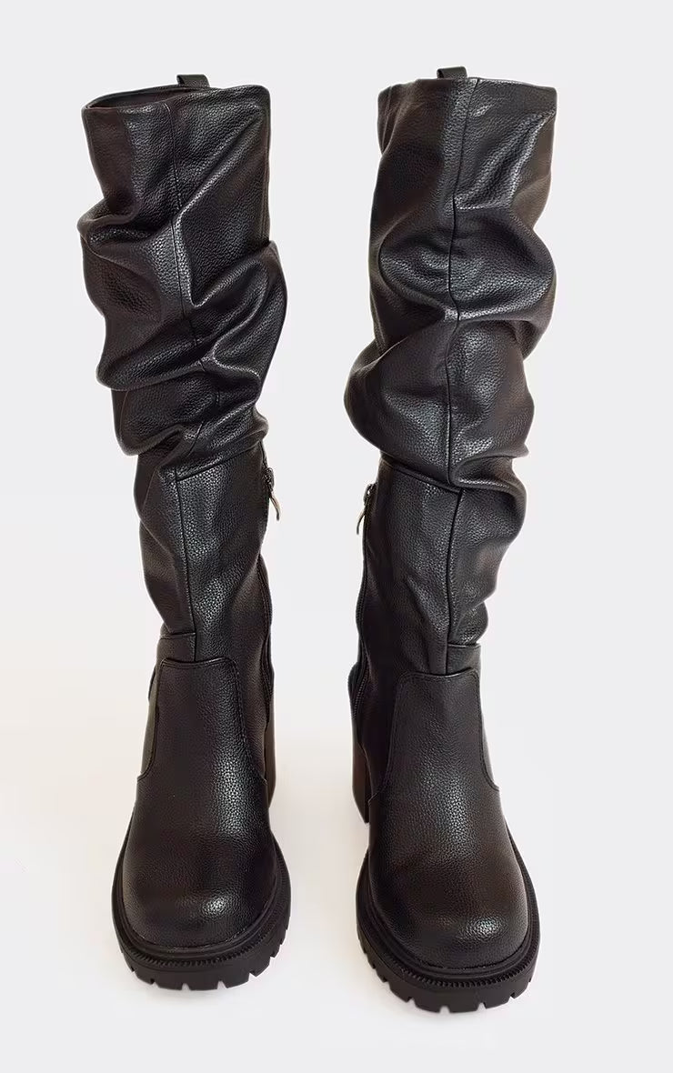 Stomp It Out Block Heel Knee High Slouched Detail Boot In Brown Faux Leather