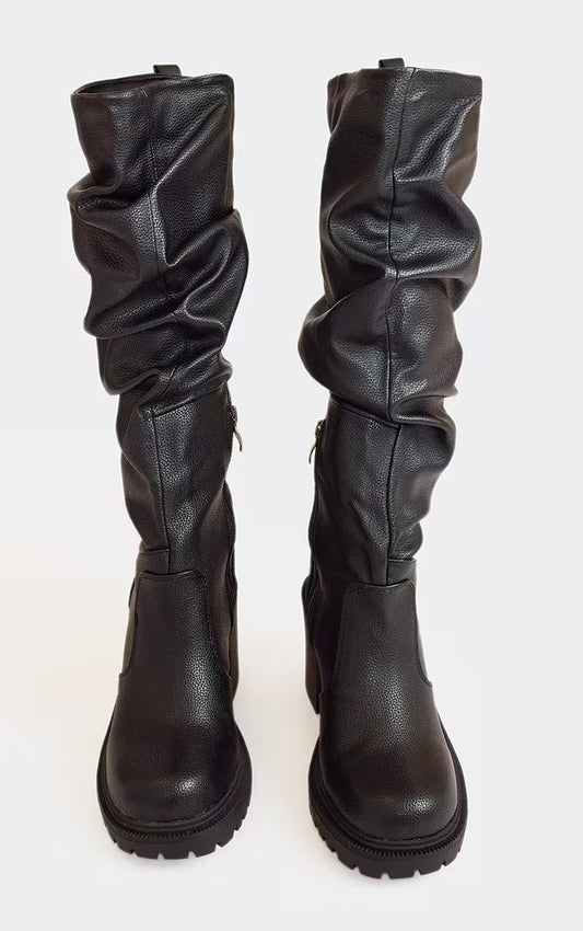 Stomp It Out Block Heel Knee High Slouched Detail Boot In Brown Faux Leather