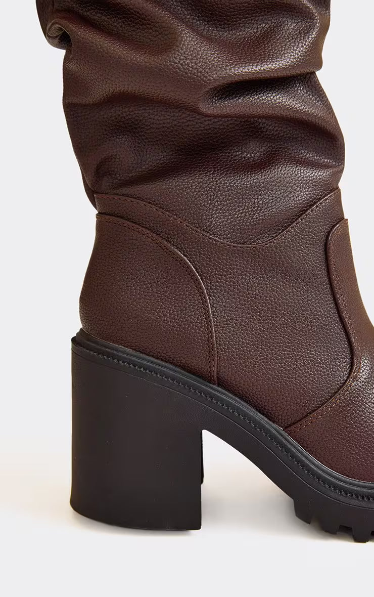 Stomp It Out Block Heel Knee High Slouched Detail Boot In Brown Faux Leather