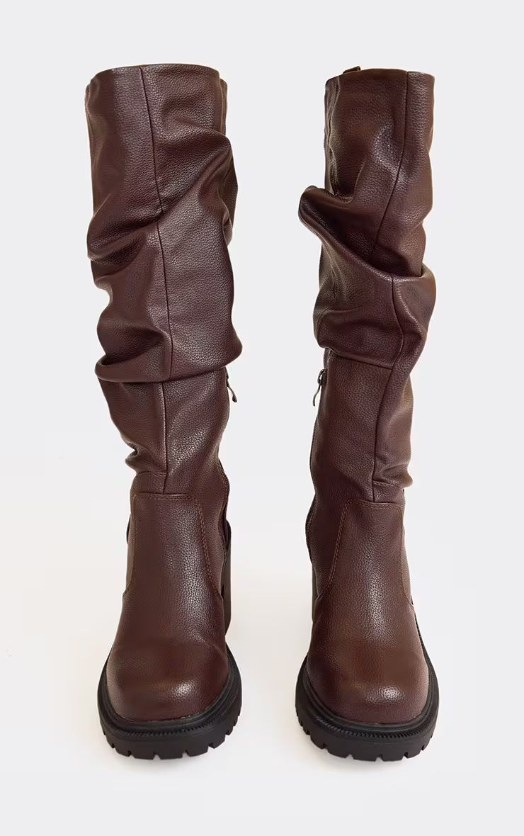 Stomp It Out Block Heel Knee High Slouched Detail Boot In Brown Faux Leather