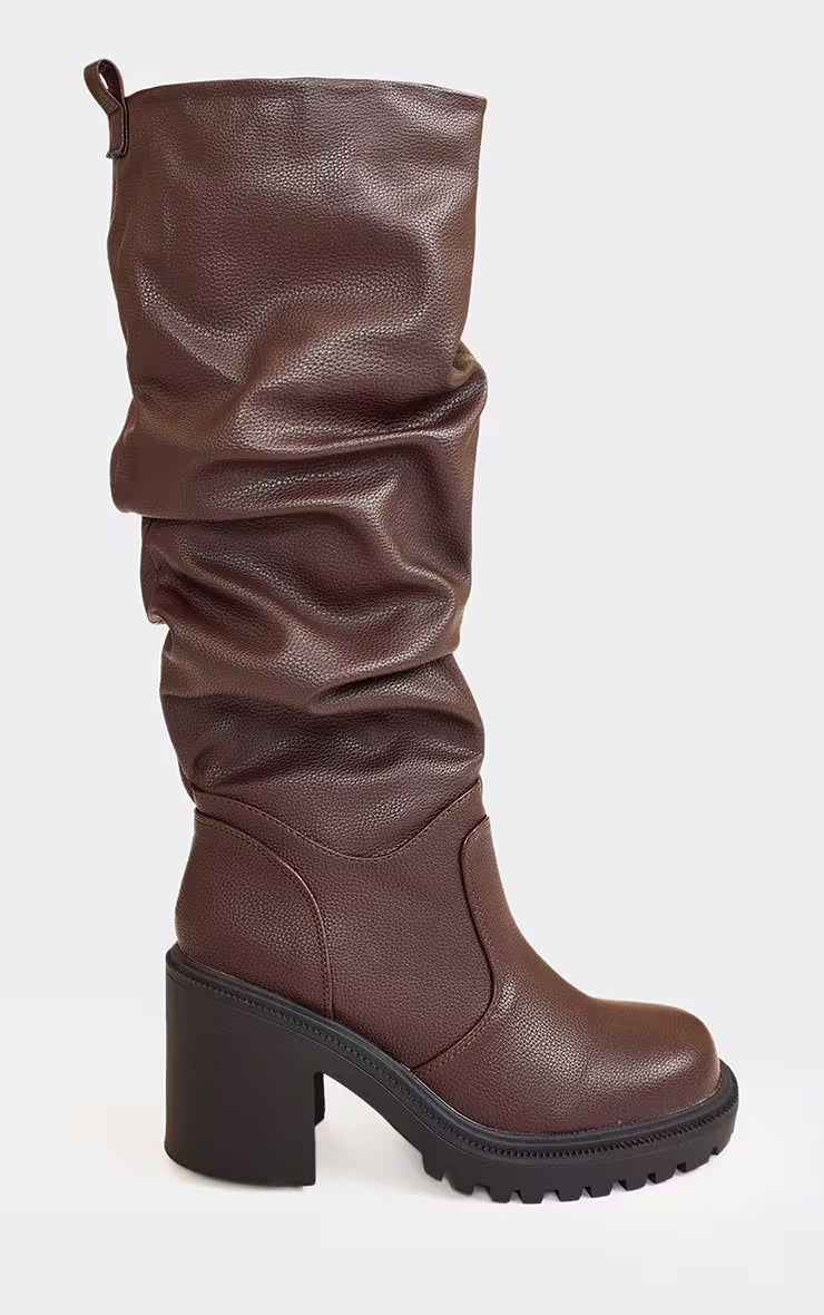 Stomp It Out Block Heel Knee High Slouched Detail Boot In Brown Faux Leather