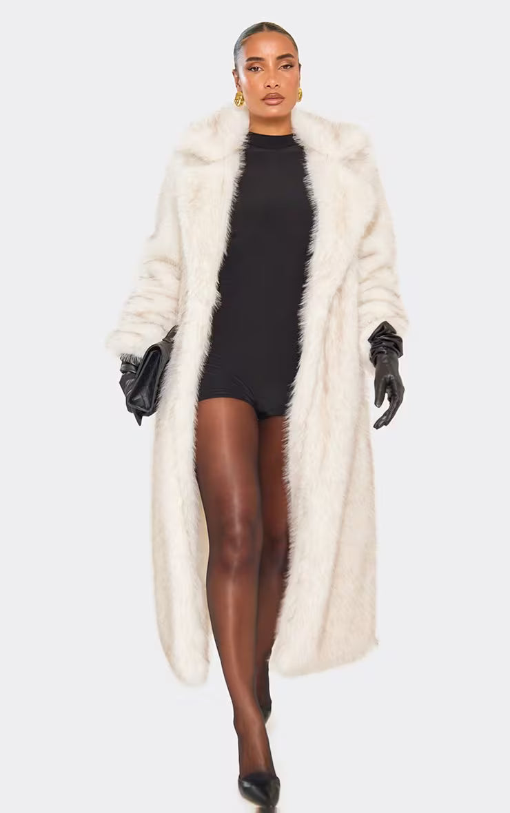 Long Sleeve Tie Waist Detail Collared Maxi Coat In White Premium Faux Fur