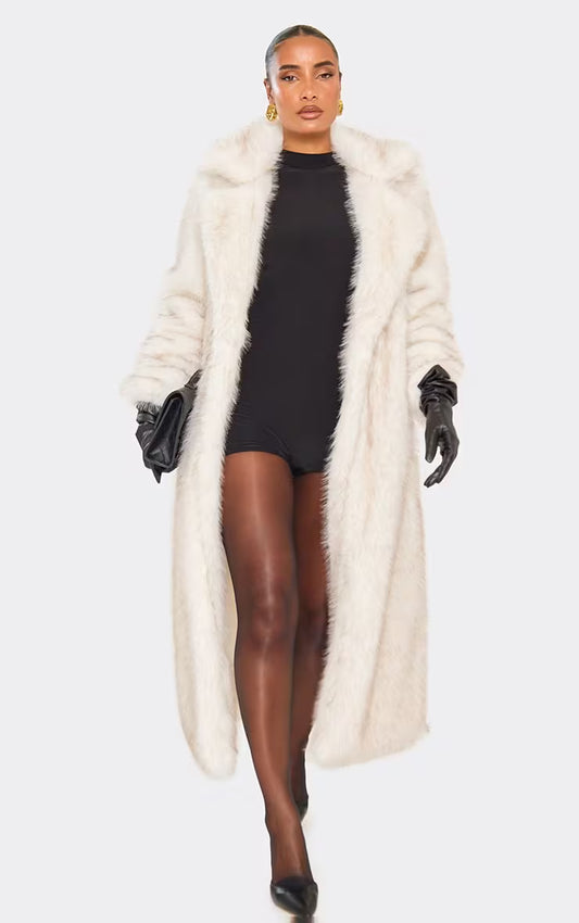 Long Sleeve Tie Waist Detail Collared Maxi Coat In White Premium Faux Fur