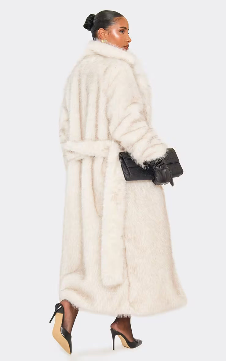 Long Sleeve Tie Waist Detail Collared Maxi Coat In White Premium Faux Fur