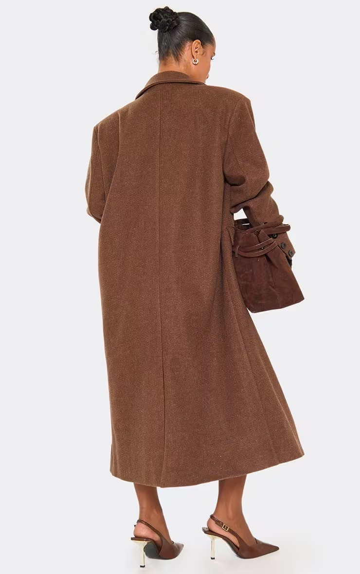 Oversized Textured Wool Look Maxi Coat In Chocolate Brown