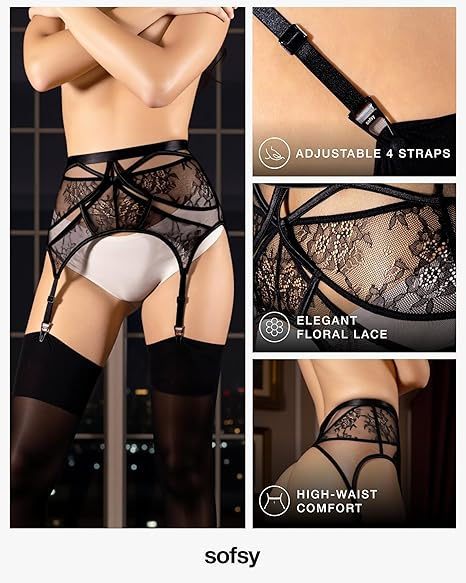 sofsy Lace Garter Belt/Suspender Belt with Straps and Clips for Stockings(Sold as a set)