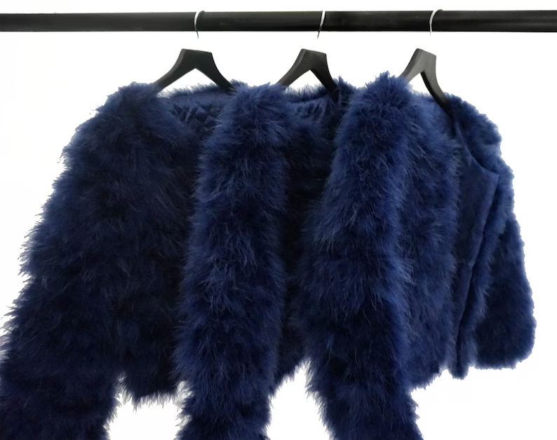 Navy Blue Fluffy Feather Jacket Marabou Winter Womens Clothing Outerwear Warm Coat Eveningwear