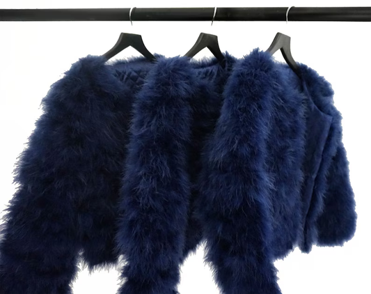 Navy Blue Fluffy Feather Jacket Marabou Winter Womens Clothing Outerwear Warm Coat Eveningwear