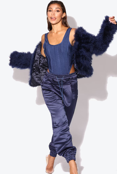 Navy Blue Fluffy Feather Jacket Marabou Winter Womens Clothing Outerwear Warm Coat Eveningwear