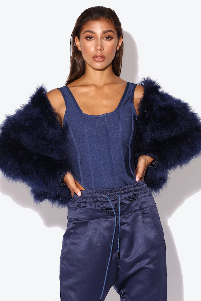 Navy Blue Fluffy Feather Jacket Marabou Winter Womens Clothing Outerwear Warm Coat Eveningwear