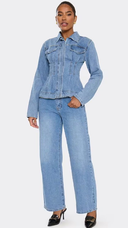 Long Sleeve Seam Detail Cinched Waist Jacket In Blue Wash Denim